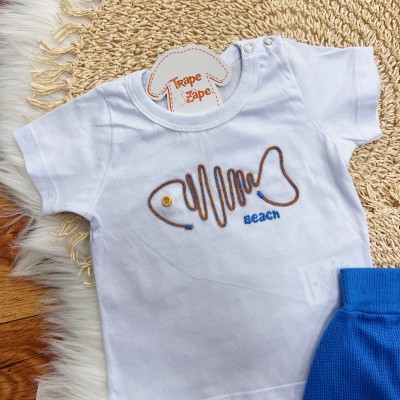 Conj. Camiseta Peixe Beach e Bermuda - Branco e Azul